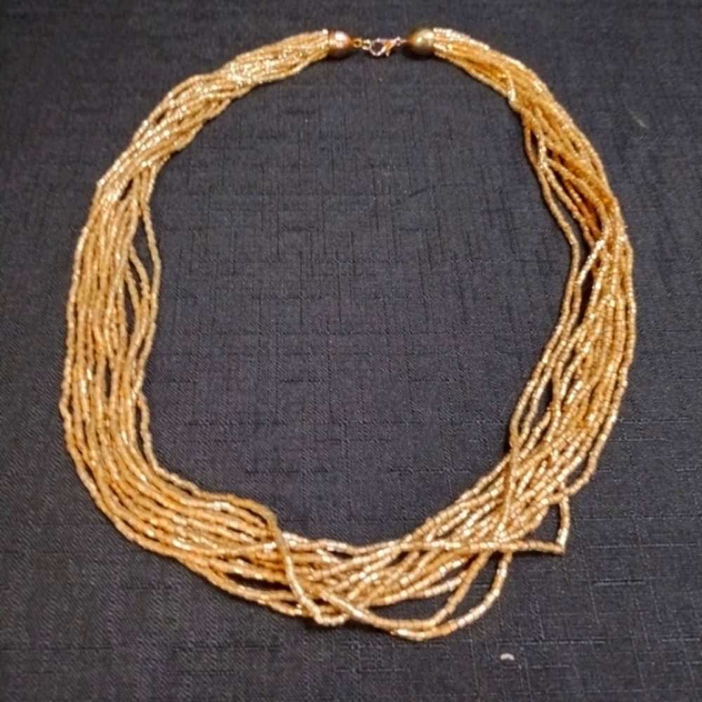 Elegant Gold Tone Multistranded Beaded Necklace Lobster